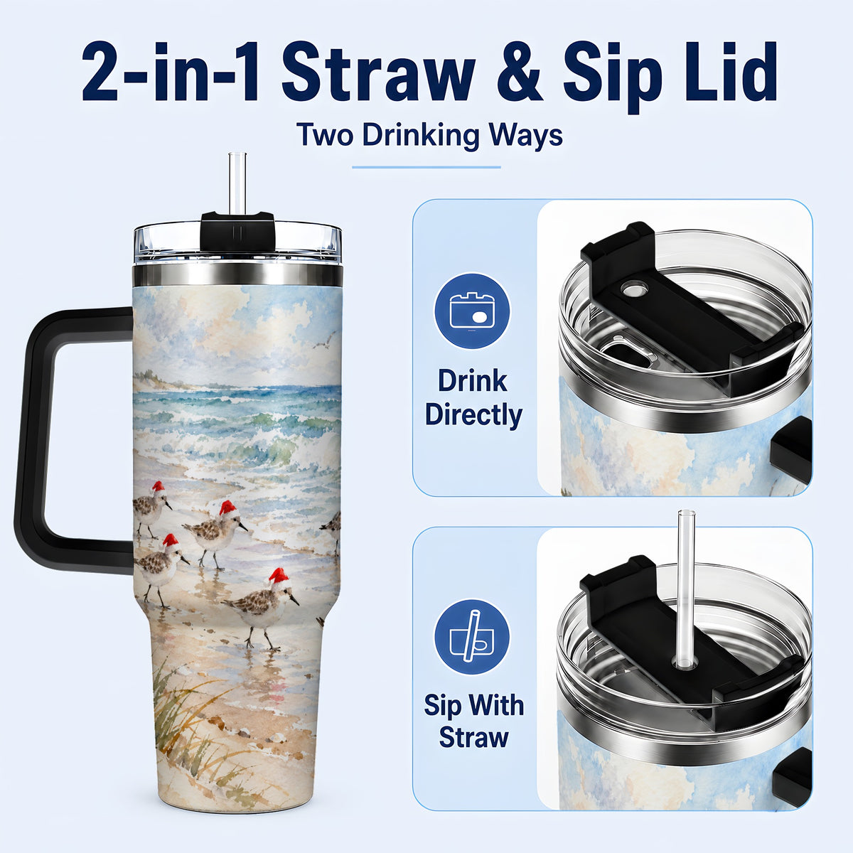 #pl[40oz|Black] Santa Bird Tumbler 40oz, Shorebird Tumbler, Stainless Steel Travel Cup