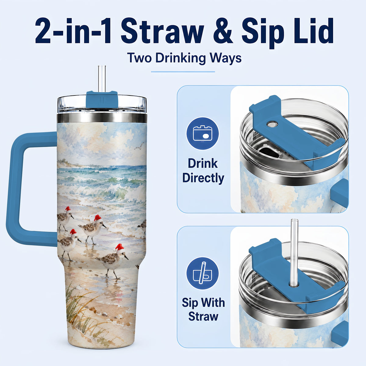 #pl[40oz|Blue] Santa Bird Tumbler 40oz, Shorebird Tumbler, Stainless Steel Travel Cup