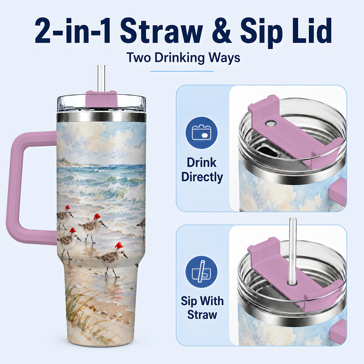 #pl[40oz|Pink] Santa Bird Tumbler 40oz, Shorebird Tumbler, Stainless Steel Travel Cup