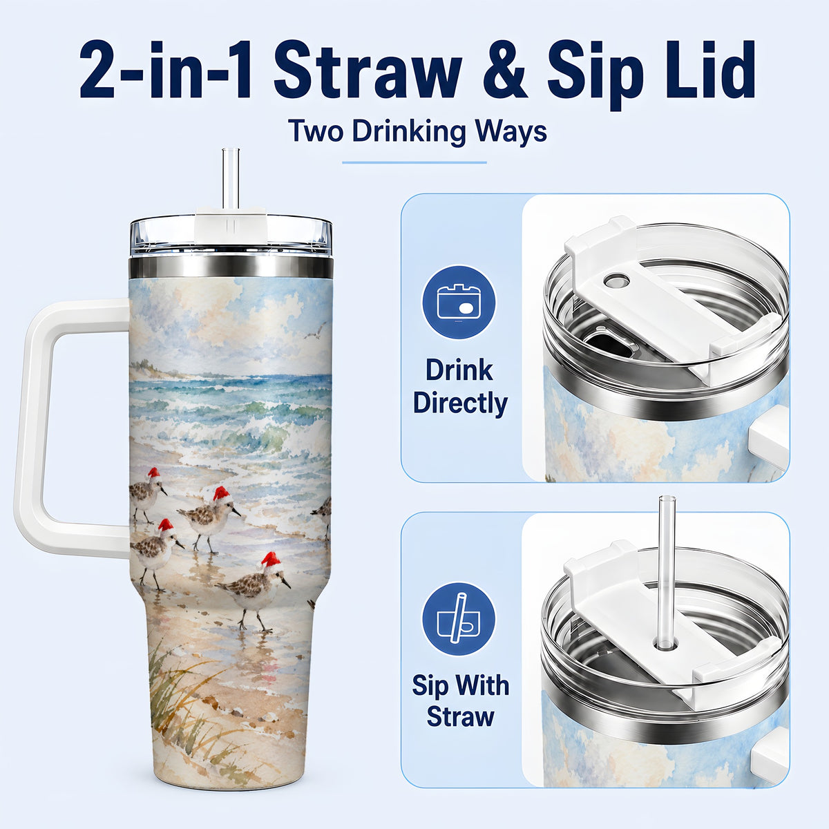 #pl[40oz|White] Santa Bird Tumbler 40oz, Shorebird Tumbler, Stainless Steel Travel Cup