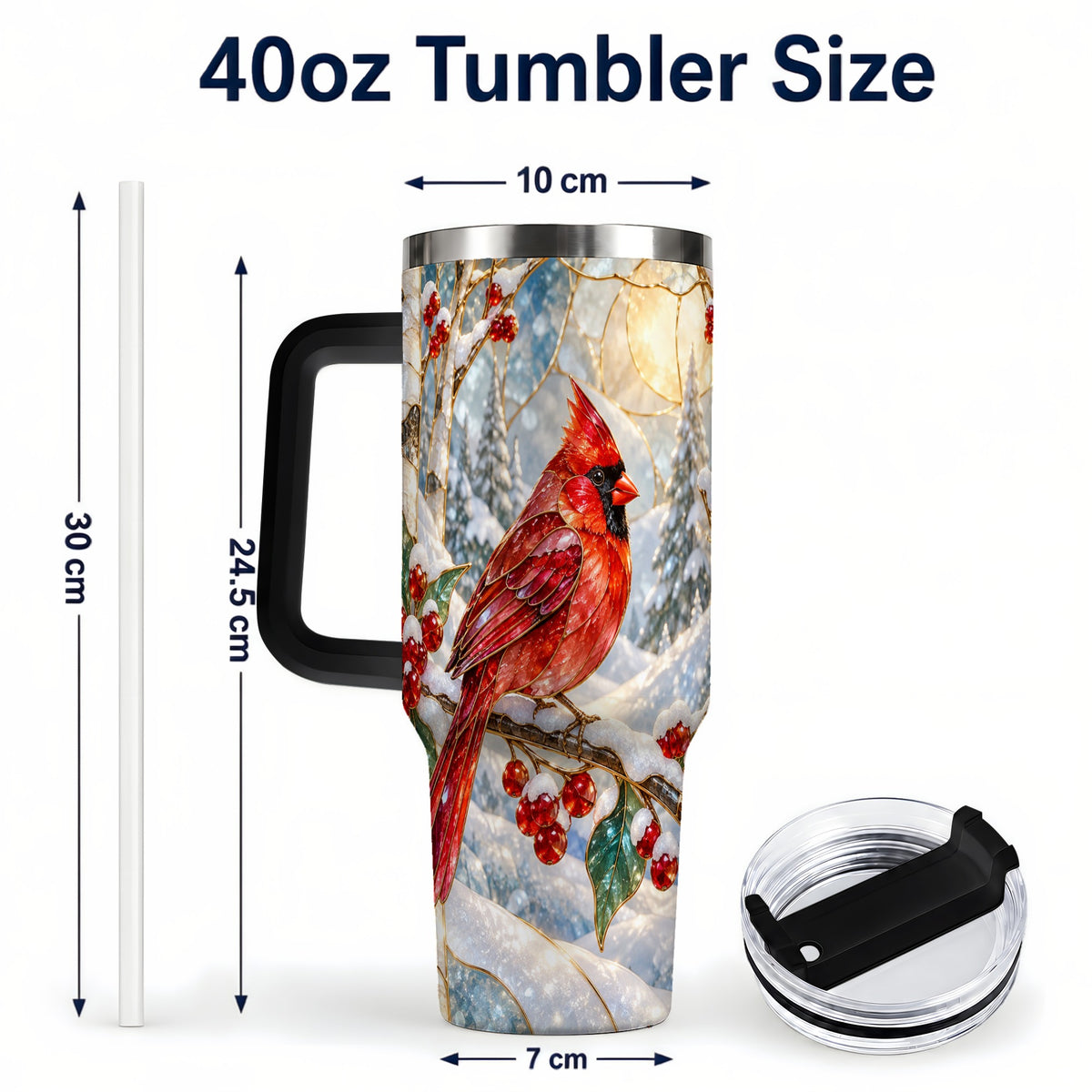 #pl[40oz|Black] Winter Cardinal Tumbler 40oz, Red Bird Tumbler, Stainless Steel Travel Cup