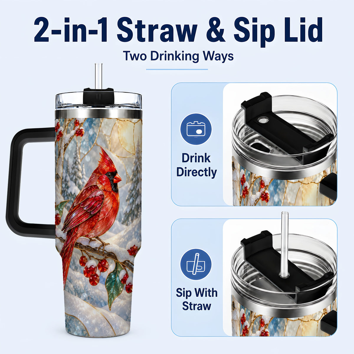 #pl[40oz|Black] Winter Cardinal Tumbler 40oz, Red Bird Tumbler, Stainless Steel Travel Cup