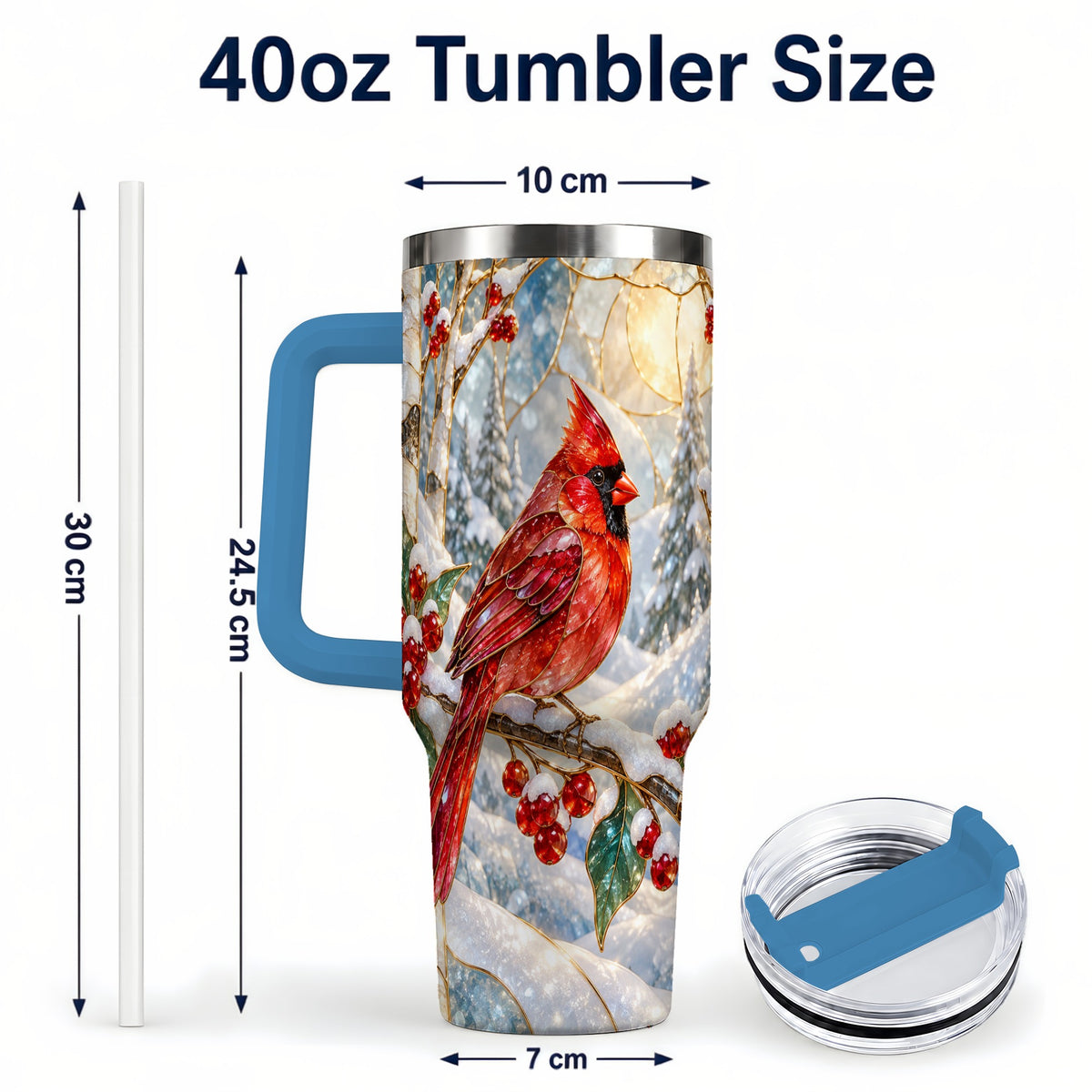 #pl[40oz|Blue] Winter Cardinal Tumbler 40oz, Red Bird Tumbler, Stainless Steel Travel Cup
