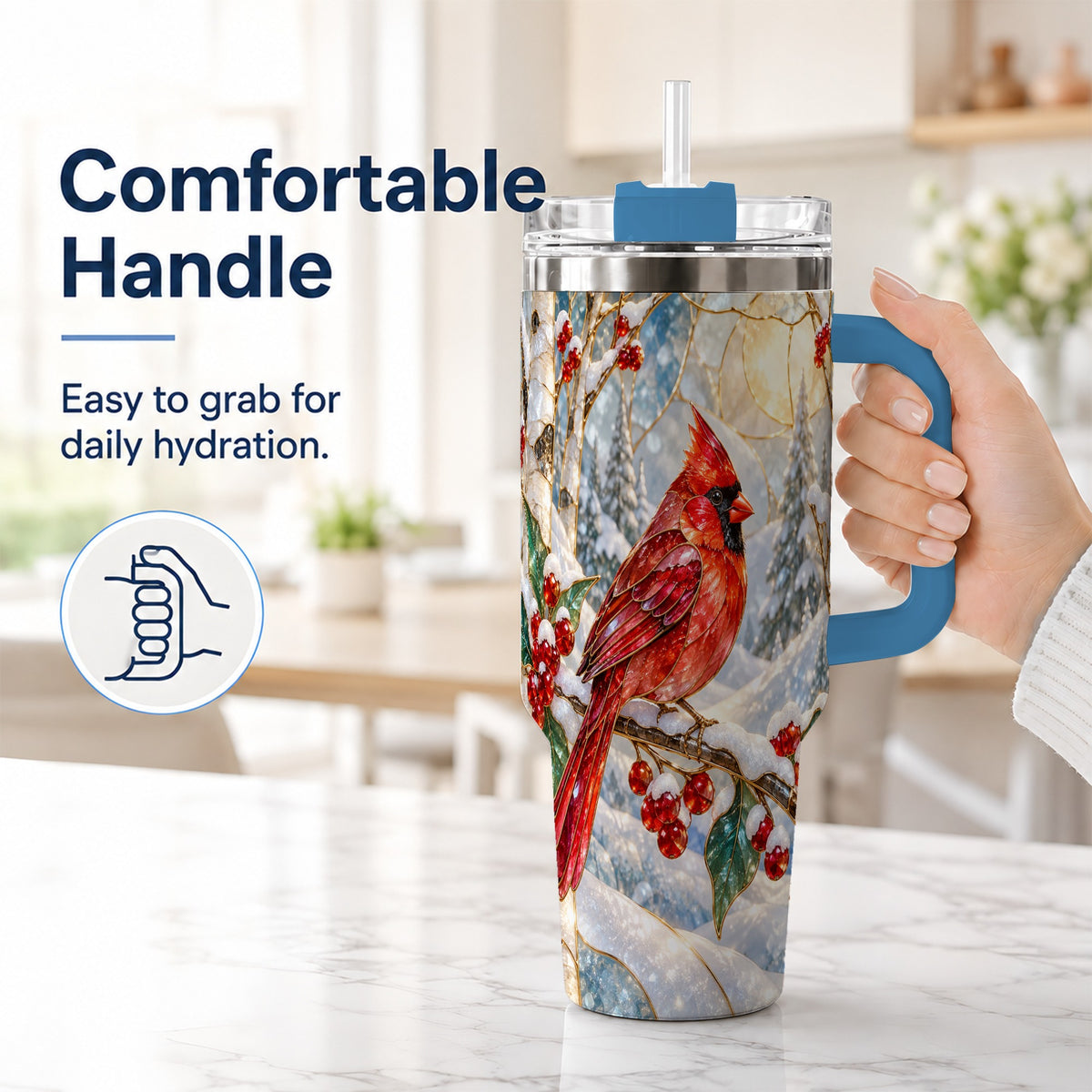 #pl[40oz|Blue] Winter Cardinal Tumbler 40oz, Red Bird Tumbler, Stainless Steel Travel Cup