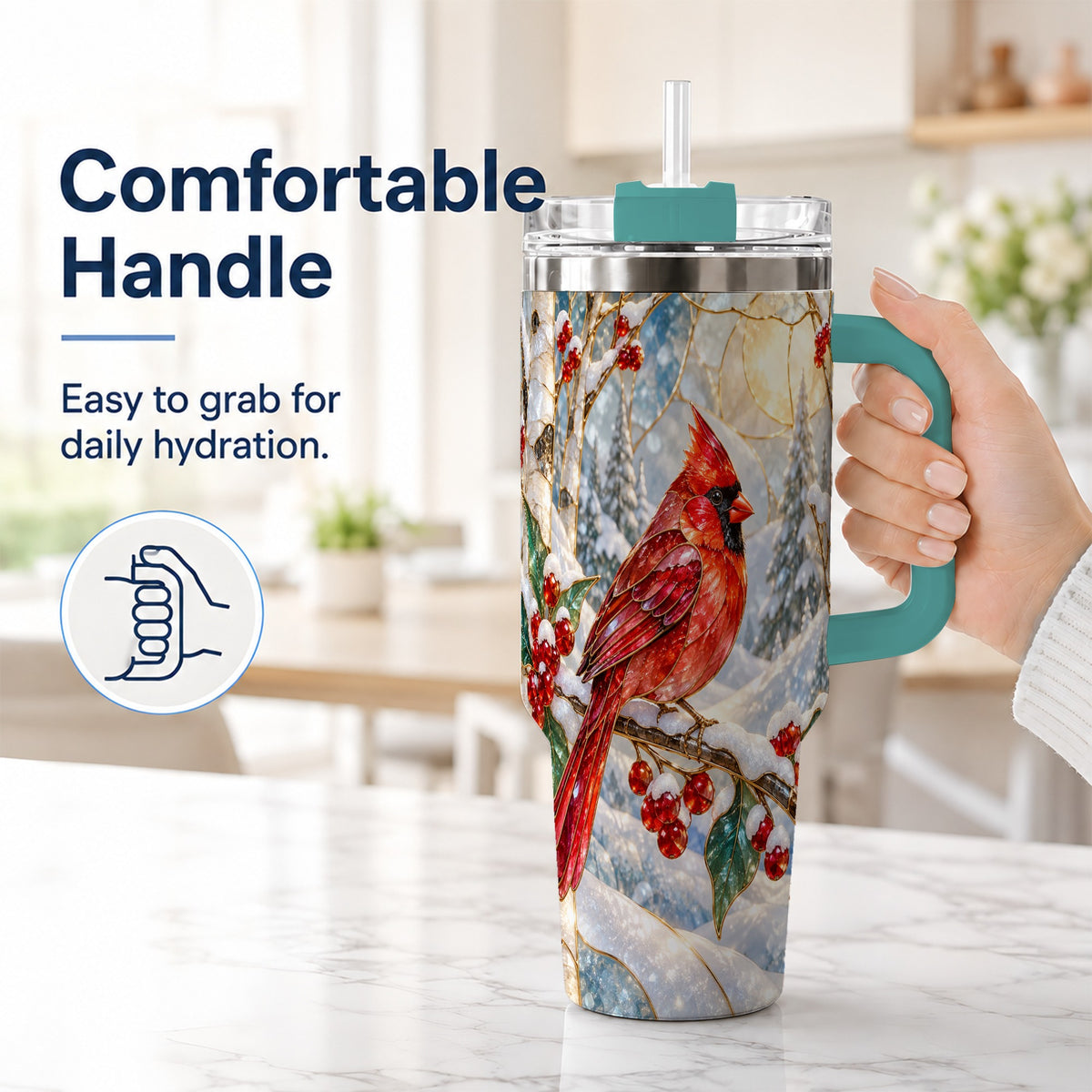 #pl[40oz|Green] Winter Cardinal Tumbler 40oz, Red Bird Tumbler, Stainless Steel Travel Cup