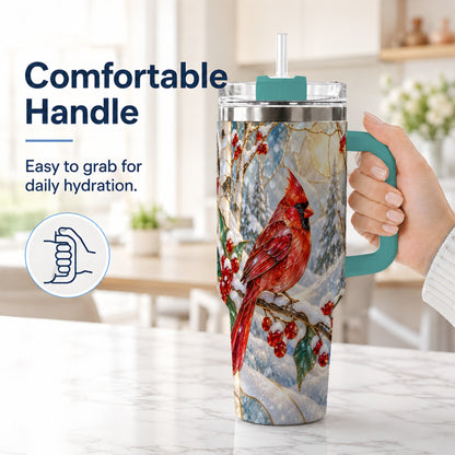#pl[40oz|Green] Winter Cardinal Tumbler 40oz, Red Bird Tumbler, Stainless Steel Travel Cup