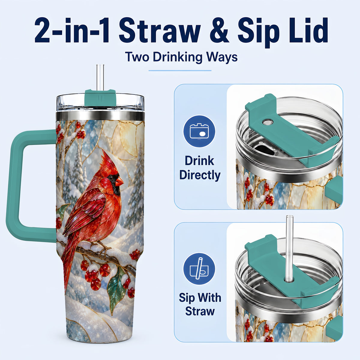 #pl[40oz|Green] Winter Cardinal Tumbler 40oz, Red Bird Tumbler, Stainless Steel Travel Cup