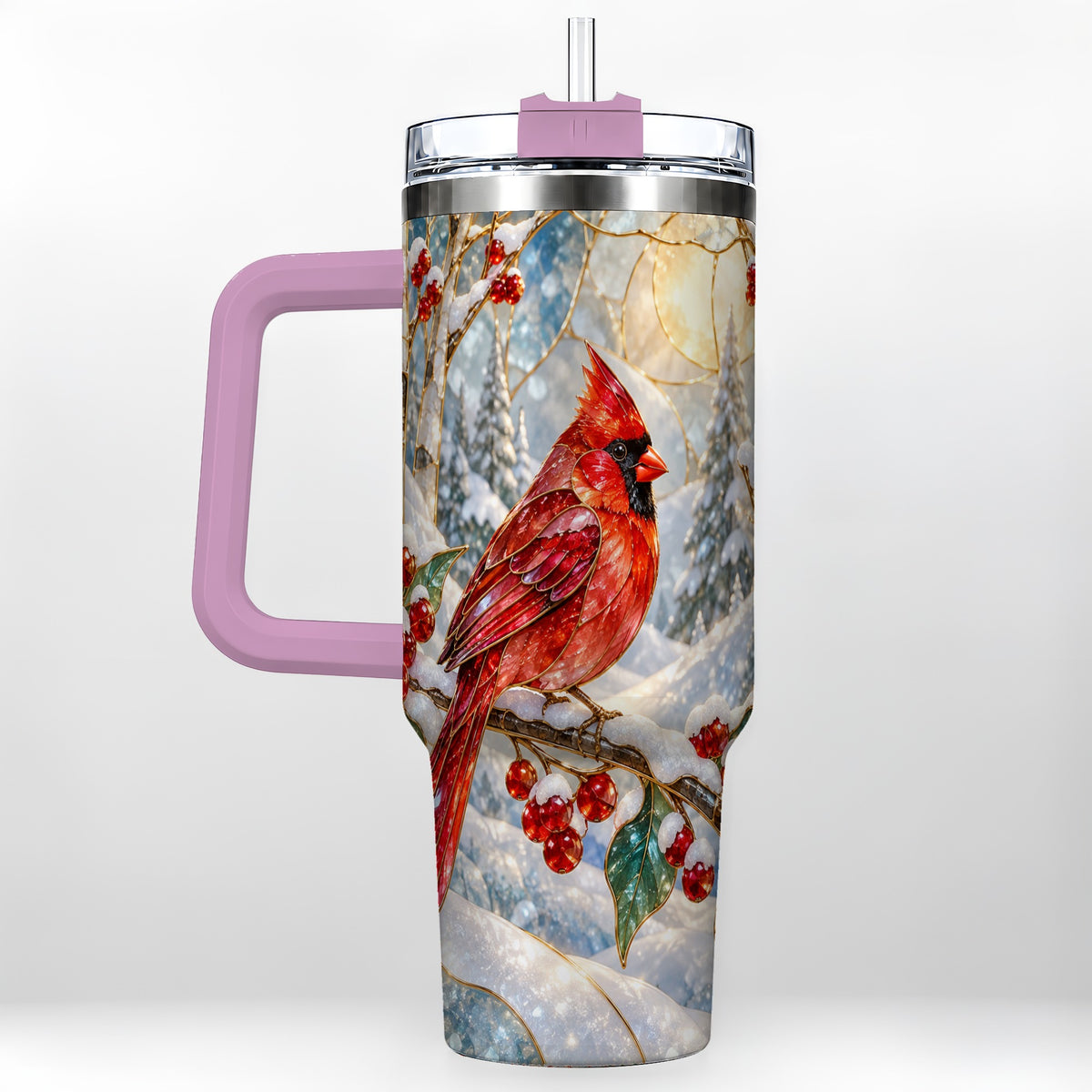 #pl[40oz|Pink] Winter Cardinal Tumbler 40oz, Red Bird Tumbler, Stainless Steel Travel Cup