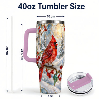 #pl[40oz|Pink] Winter Cardinal Tumbler 40oz, Red Bird Tumbler, Stainless Steel Travel Cup