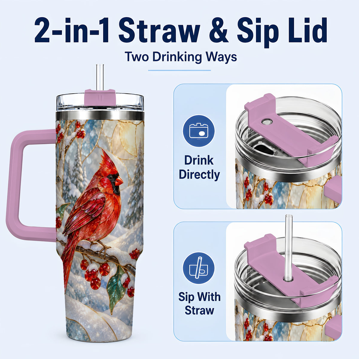 #pl[40oz|Pink] Winter Cardinal Tumbler 40oz, Red Bird Tumbler, Stainless Steel Travel Cup