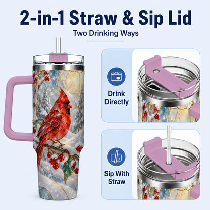 #pl[40oz|Pink] Winter Cardinal Tumbler 40oz, Red Bird Tumbler, Stainless Steel Travel Cup