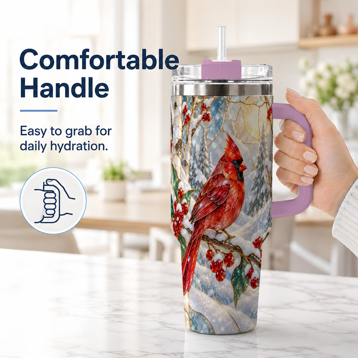 #pl[40oz|Pink] Winter Cardinal Tumbler 40oz, Red Bird Tumbler, Stainless Steel Travel Cup