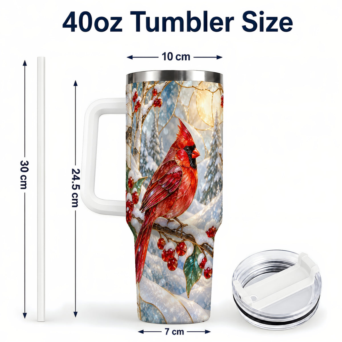 #pl[40oz|White] Winter Cardinal Tumbler 40oz, Red Bird Tumbler, Stainless Steel Travel Cup