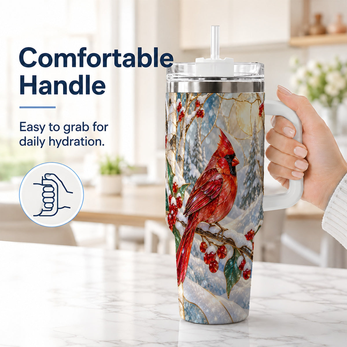 #pl[40oz|White] Winter Cardinal Tumbler 40oz, Red Bird Tumbler, Stainless Steel Travel Cup