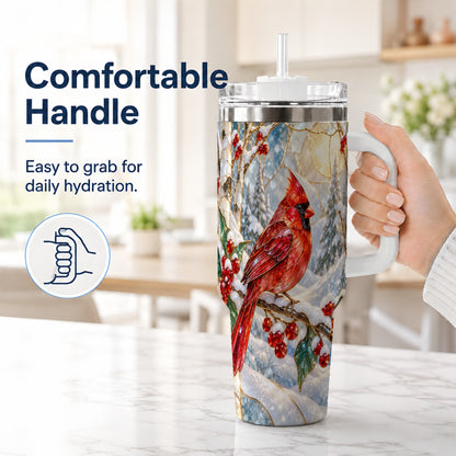 #pl[40oz|White] Winter Cardinal Tumbler 40oz, Red Bird Tumbler, Stainless Steel Travel Cup