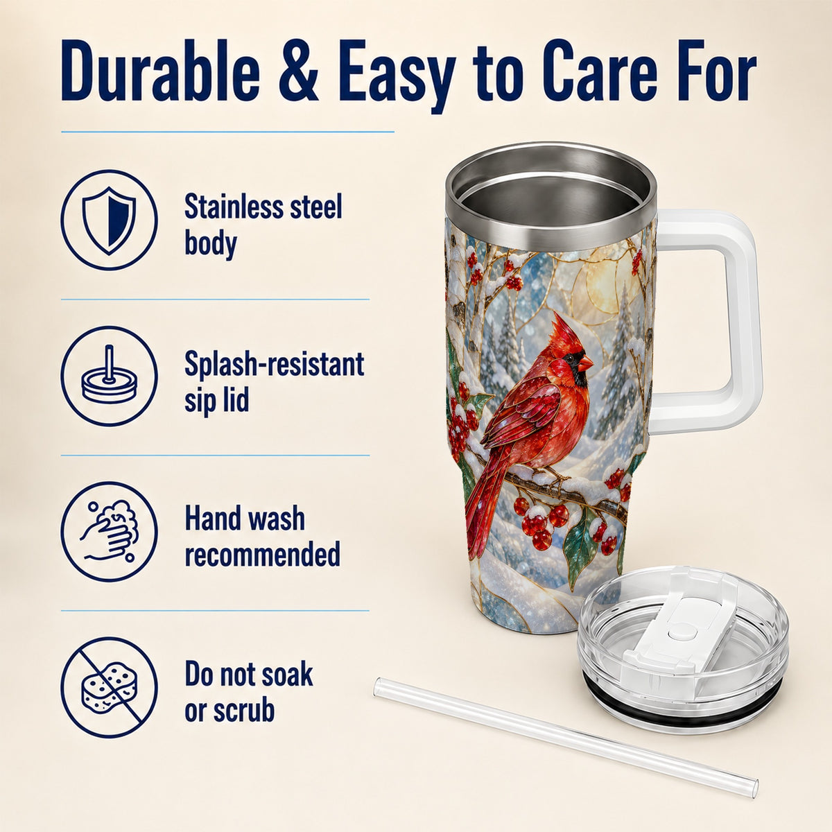 Winter Cardinal Tumbler 40oz, Red Bird Tumbler, Stainless Steel Travel Cup