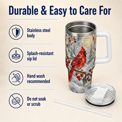 Winter Cardinal Tumbler 40oz, Red Bird Tumbler, Stainless Steel Travel Cup