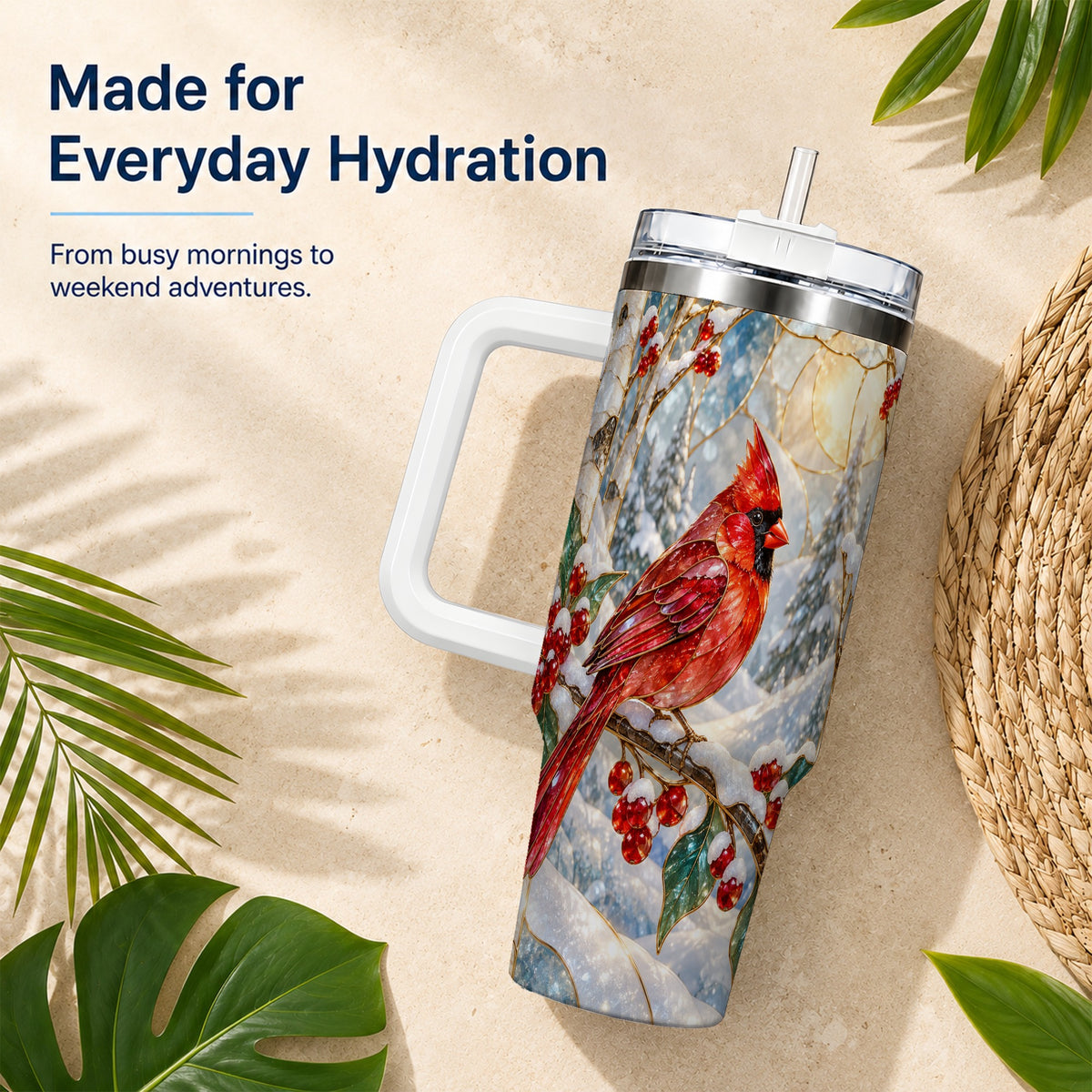Winter Cardinal Tumbler 40oz, Red Bird Tumbler, Stainless Steel Travel Cup