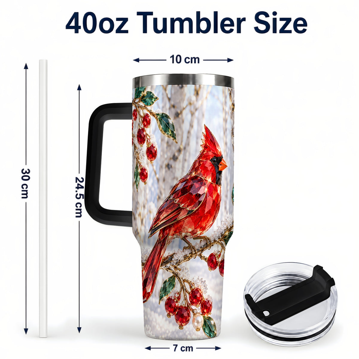 #pl[40oz|Black] Winter Cardinal 40oz Tumbler with Handle, Snow Bird Travel Cup