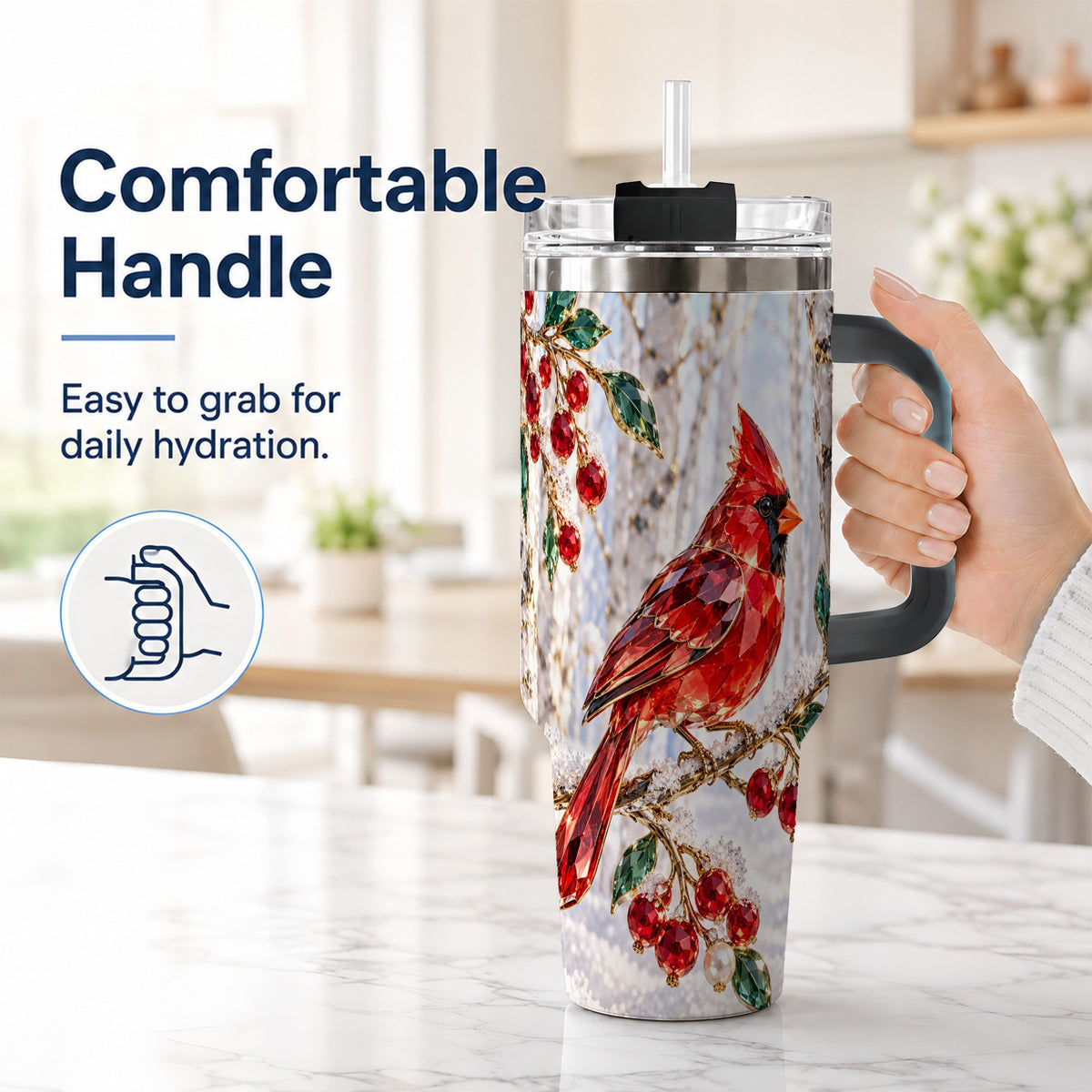 #pl[40oz|Black] Winter Cardinal 40oz Tumbler with Handle, Snow Bird Travel Cup