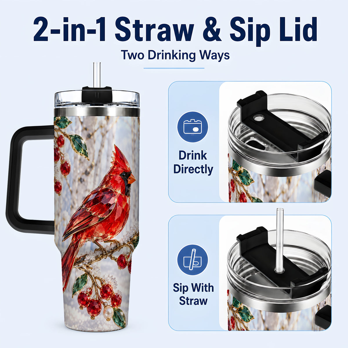 #pl[40oz|Black] Winter Cardinal 40oz Tumbler with Handle, Snow Bird Travel Cup