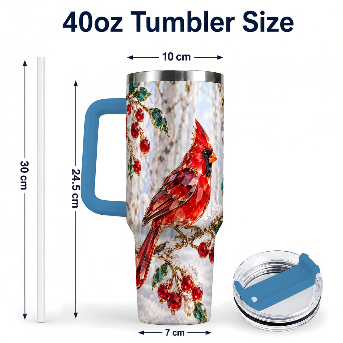 #pl[40oz|Blue] Winter Cardinal 40oz Tumbler with Handle, Snow Bird Travel Cup