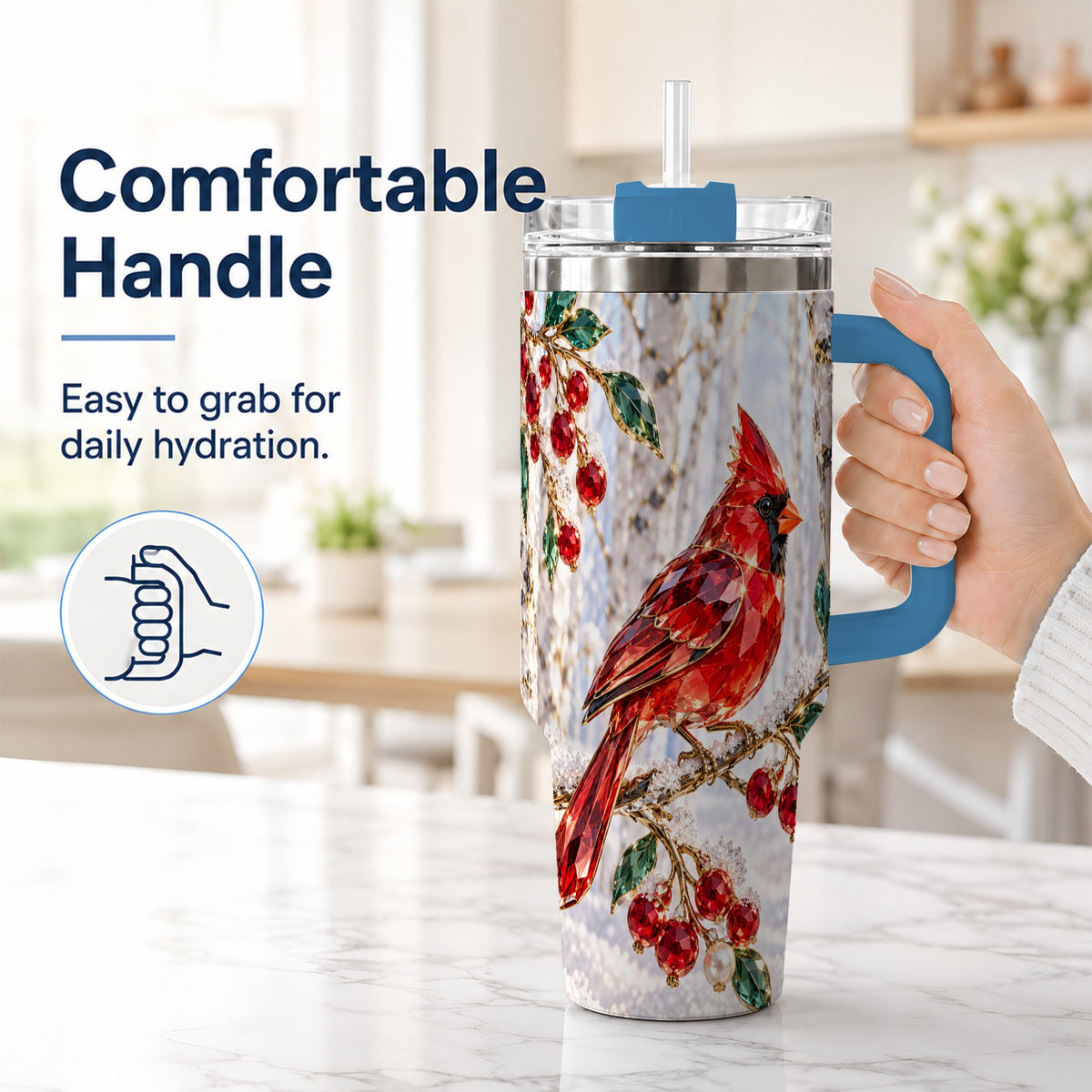 #pl[40oz|Blue] Winter Cardinal 40oz Tumbler with Handle, Snow Bird Travel Cup
