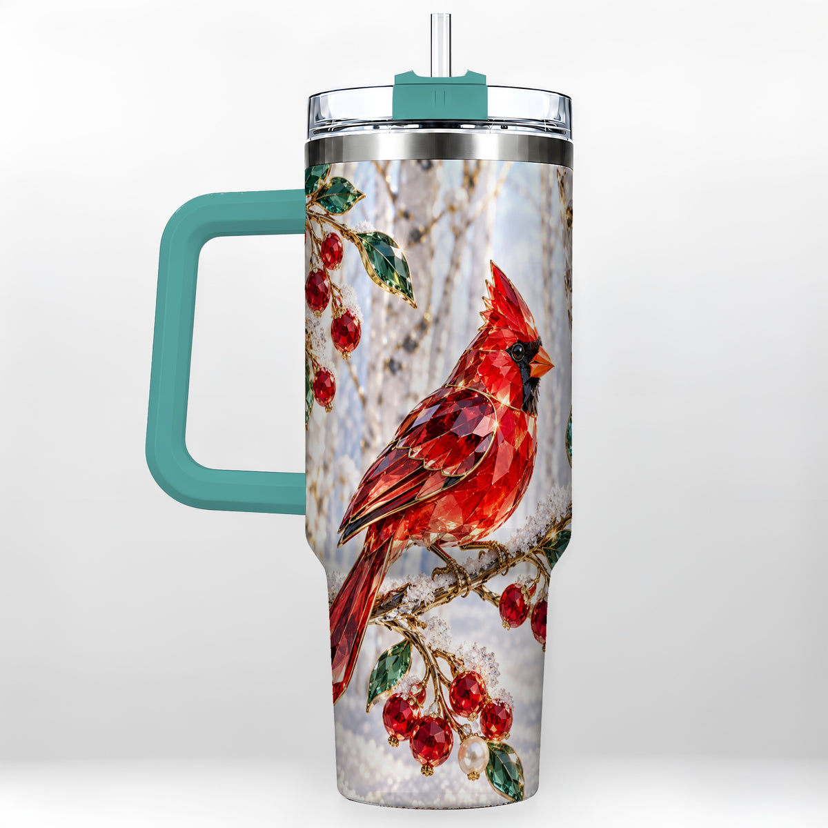 #pl[40oz|Green] Winter Cardinal 40oz Tumbler with Handle, Snow Bird Travel Cup