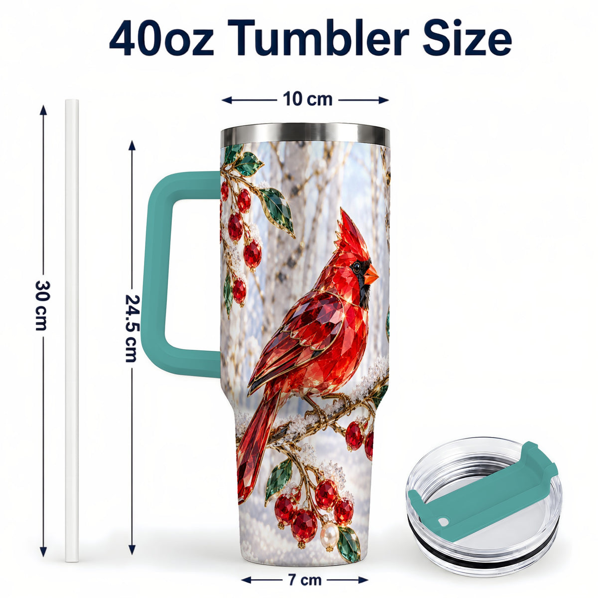 #pl[40oz|Green] Winter Cardinal 40oz Tumbler with Handle, Snow Bird Travel Cup