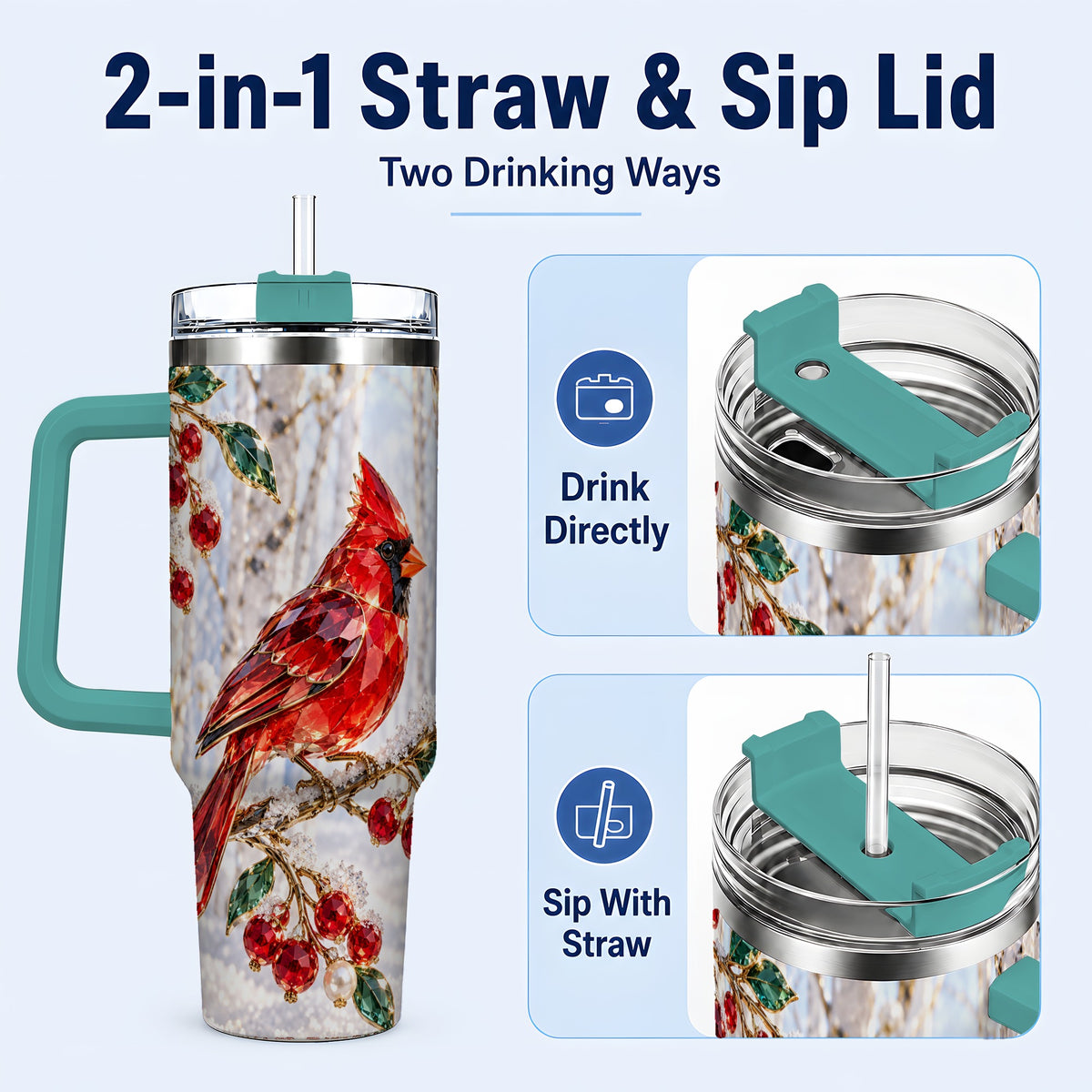 #pl[40oz|Green] Winter Cardinal 40oz Tumbler with Handle, Snow Bird Travel Cup