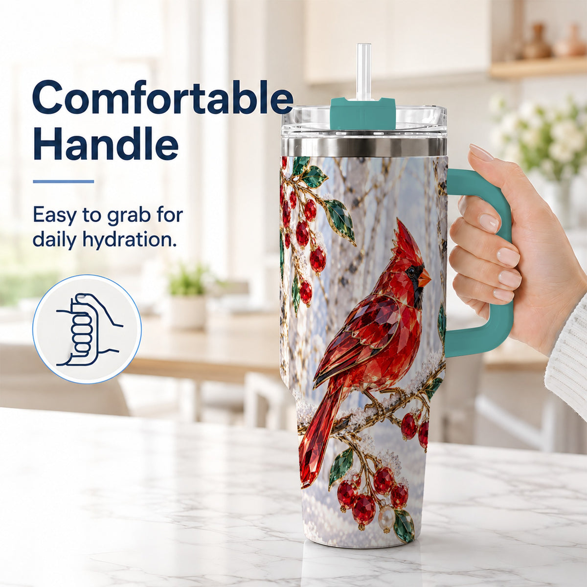 #pl[40oz|Green] Winter Cardinal 40oz Tumbler with Handle, Snow Bird Travel Cup