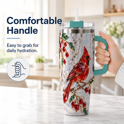 #pl[40oz|Green] Winter Cardinal 40oz Tumbler with Handle, Snow Bird Travel Cup