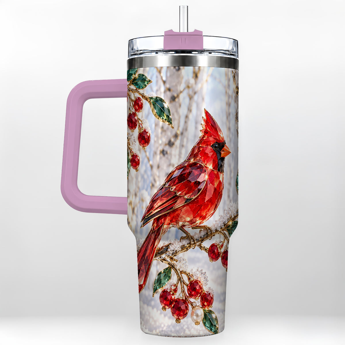 #pl[40oz|Pink] Winter Cardinal 40oz Tumbler with Handle, Snow Bird Travel Cup