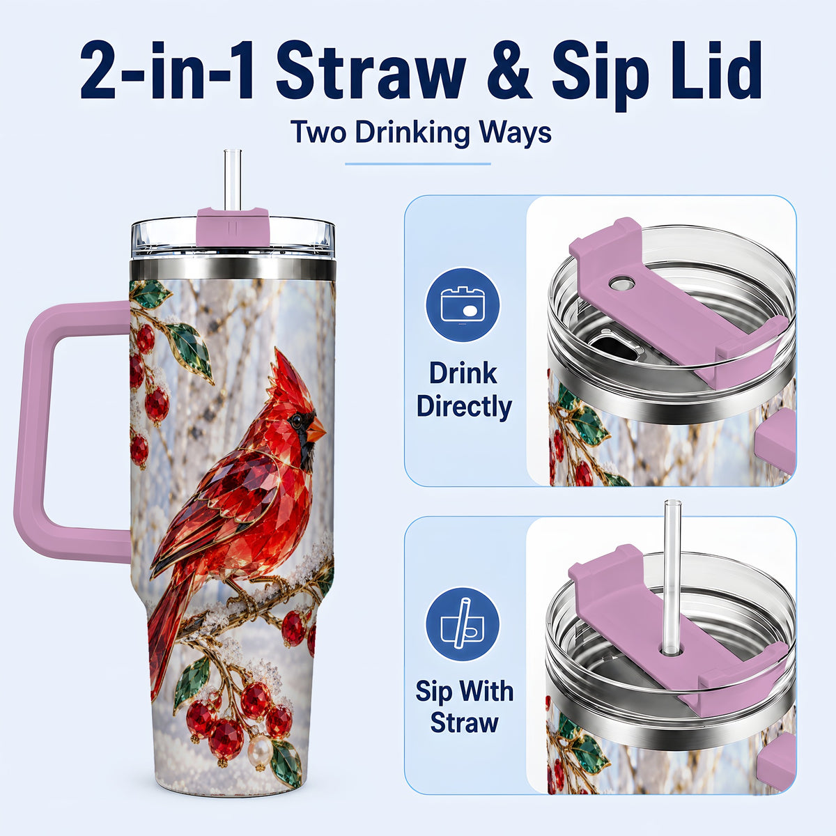 #pl[40oz|Pink] Winter Cardinal 40oz Tumbler with Handle, Snow Bird Travel Cup