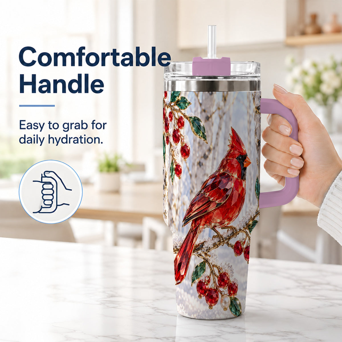 #pl[40oz|Pink] Winter Cardinal 40oz Tumbler with Handle, Snow Bird Travel Cup