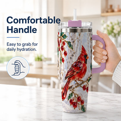 #pl[40oz|Pink] Winter Cardinal 40oz Tumbler with Handle, Snow Bird Travel Cup