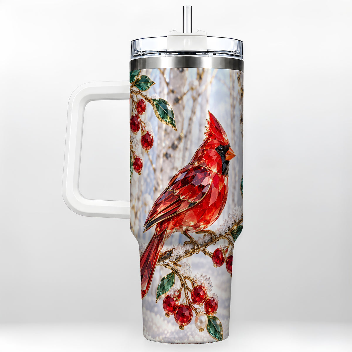 Winter Cardinal 40oz Tumbler with Handle, Snow Bird Travel Cup