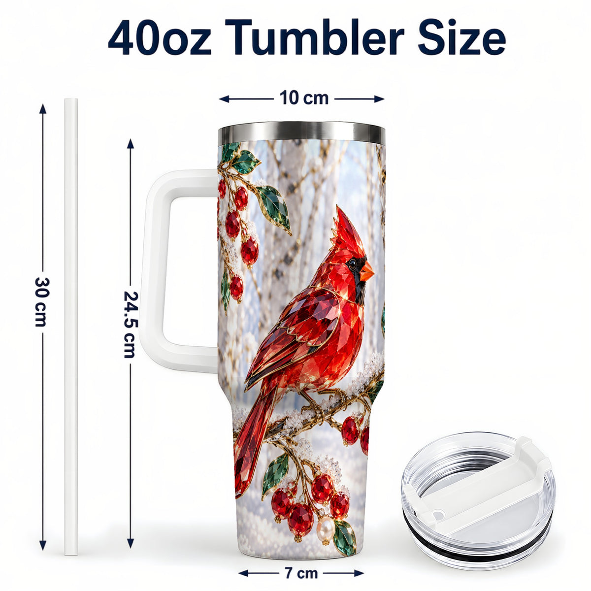 #pl[40oz|White] Winter Cardinal 40oz Tumbler with Handle, Snow Bird Travel Cup