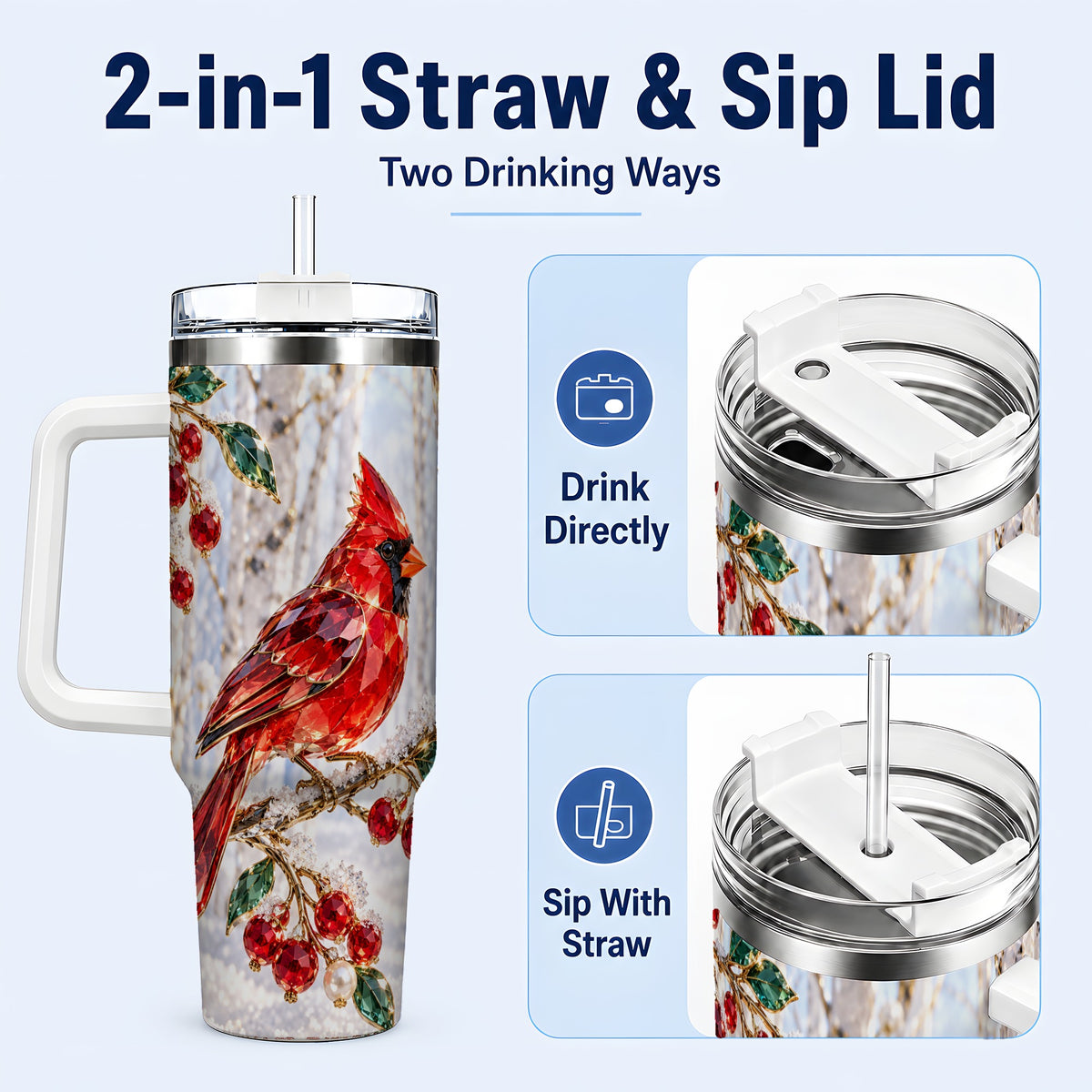 #pl[40oz|White] Winter Cardinal 40oz Tumbler with Handle, Snow Bird Travel Cup