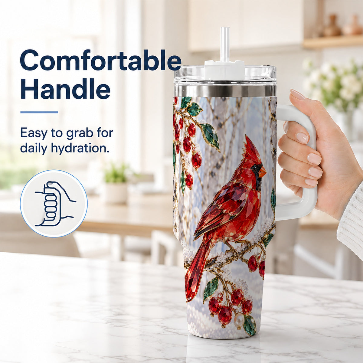 #pl[40oz|White] Winter Cardinal 40oz Tumbler with Handle, Snow Bird Travel Cup