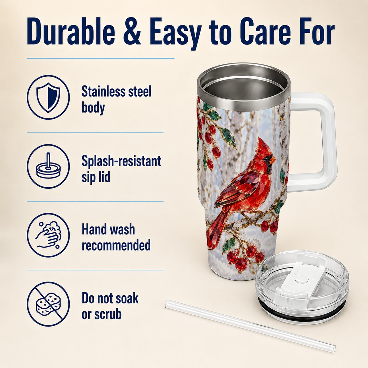 Winter Cardinal 40oz Tumbler with Handle, Snow Bird Travel Cup