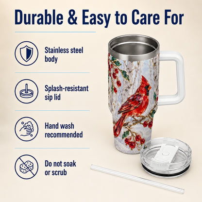 Winter Cardinal 40oz Tumbler with Handle, Snow Bird Travel Cup