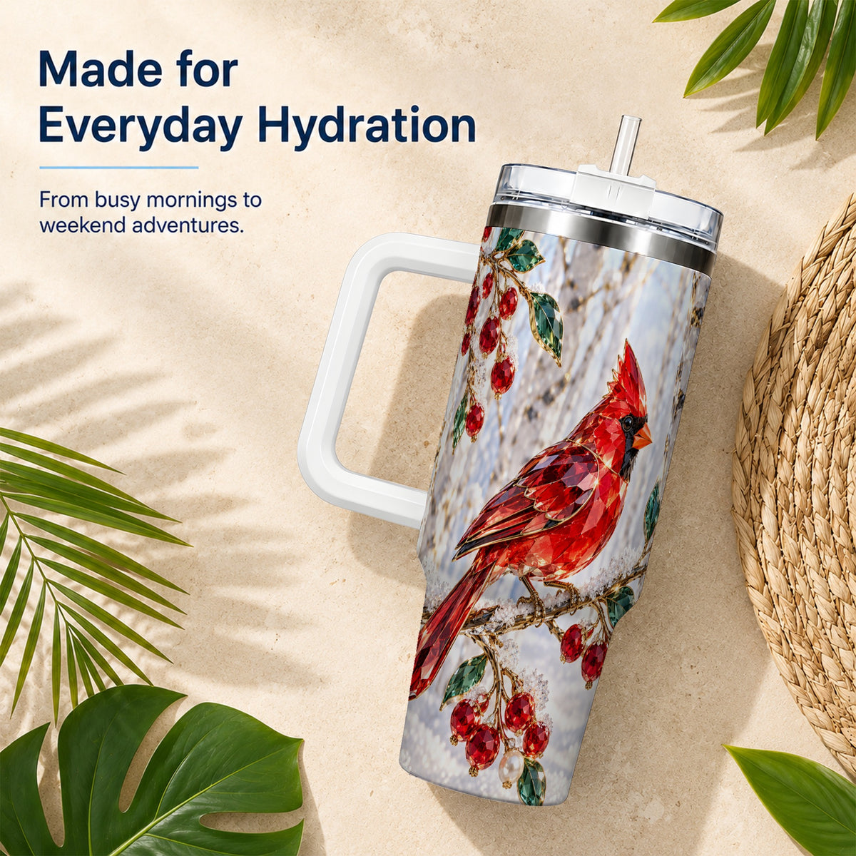 Winter Cardinal 40oz Tumbler with Handle, Snow Bird Travel Cup