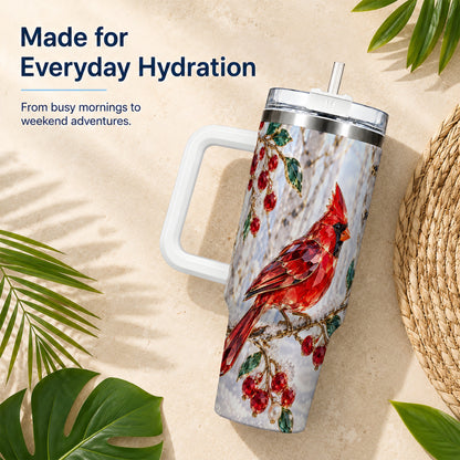 Winter Cardinal 40oz Tumbler with Handle, Snow Bird Travel Cup