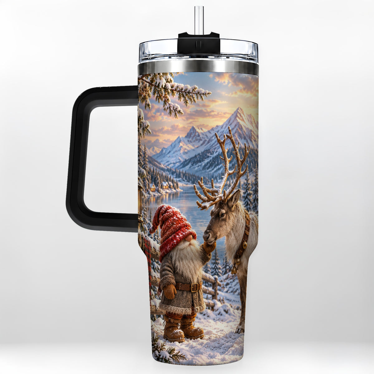 #pl[40oz|Black] Winter Gnome Reindeer 40oz Tumbler with Handle, Mountain Travel Cup