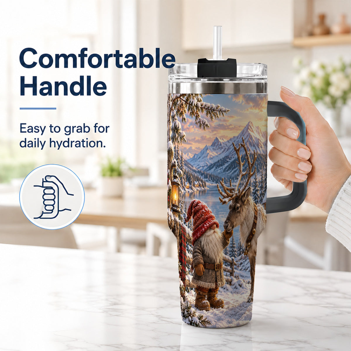 #pl[40oz|Black] Winter Gnome Reindeer 40oz Tumbler with Handle, Mountain Travel Cup