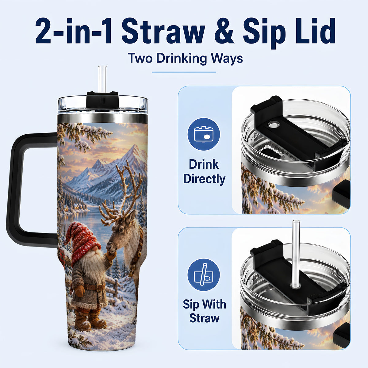 #pl[40oz|Black] Winter Gnome Reindeer 40oz Tumbler with Handle, Mountain Travel Cup