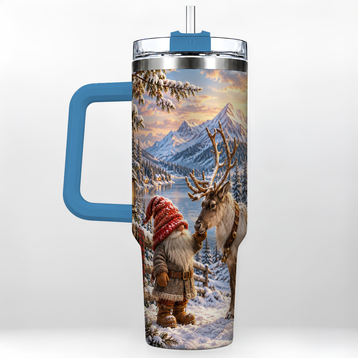 #pl[40oz|Blue] Winter Gnome Reindeer 40oz Tumbler with Handle, Mountain Travel Cup