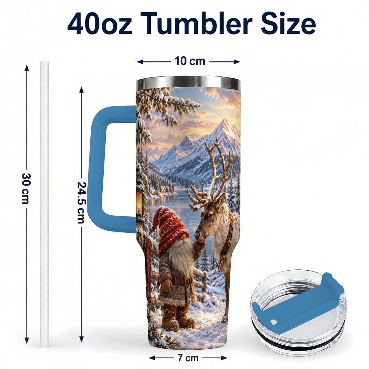 #pl[40oz|Blue] Winter Gnome Reindeer 40oz Tumbler with Handle, Mountain Travel Cup