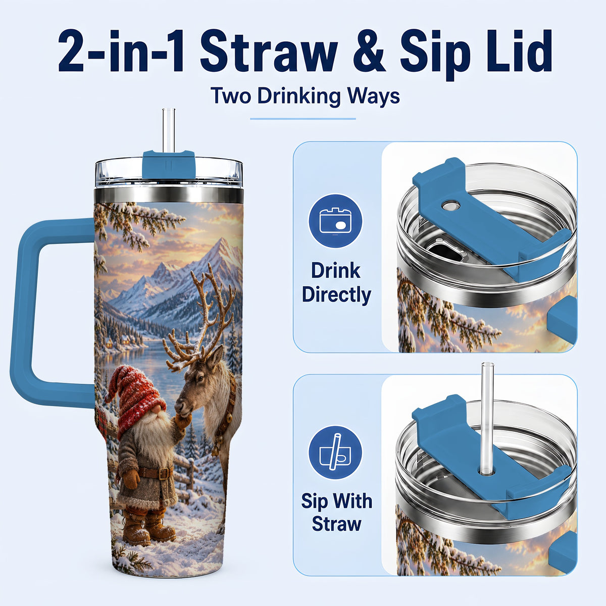 #pl[40oz|Blue] Winter Gnome Reindeer 40oz Tumbler with Handle, Mountain Travel Cup